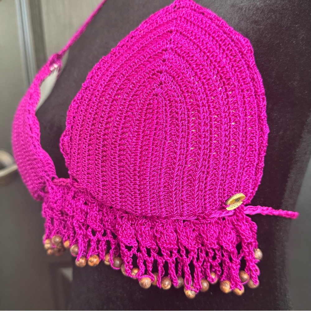 Magenta LIRIO Crochet Bikini Top Wooden Bead Fringe & Lining - Fit:32-36 A-C Cup